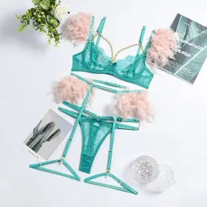 3 Pieces Delicate Underwear Sexy Transparent Lace Bra with Chain Luxury Erotic Sets