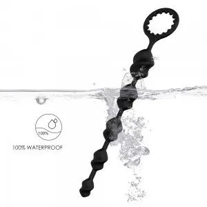 Butt Plug with Silicone Anal Bead with Safe Pull Ring in Black