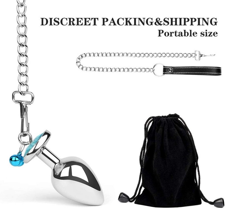 Heart Shaped Butt Plug for Woman, Three Sizes Metal Jeweled Anal Plug with Bell and Traction Chain, Training Butt Plug Sex Toy (4)