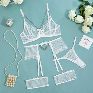 Pink Sexy Feminina Set Transparent Lace Chain 4 Piece Sensual Garter Lingerie
