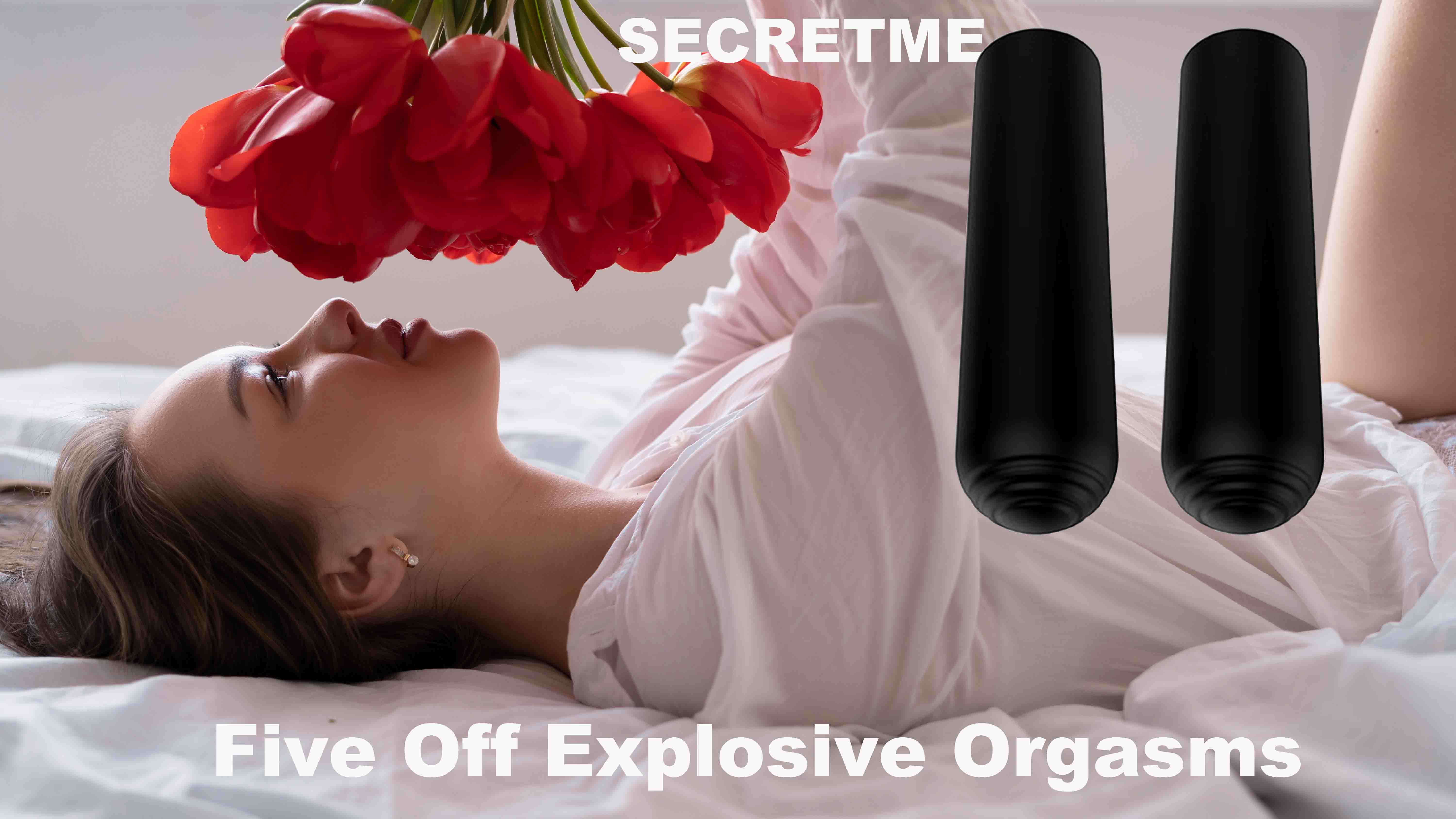 young girl in the morning in bed with a bouquet of red tulips, flowers for womens day, mothers day woman in the bedroom, close-up. Copy space.